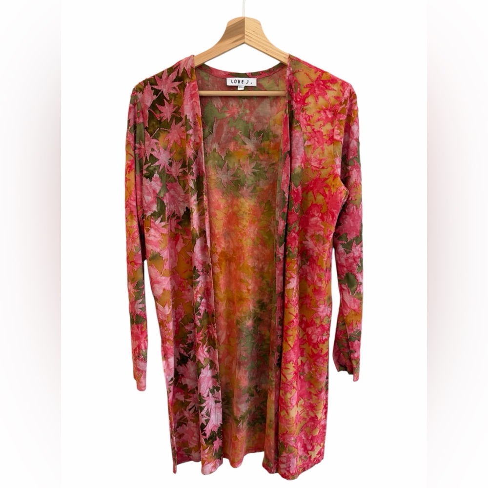 Love J Pink Tie-Dye 3D Leaf Floral Open-front Cardigan Kimono Size Medium Artsy